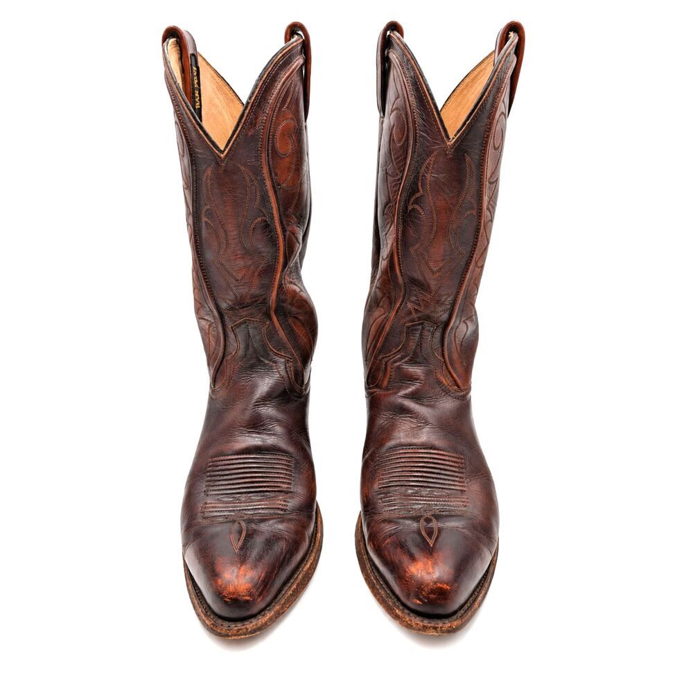 Vintage Dan Post Cowboy Boots Men 9.5 Women 11.5 Brown Leather USA Western
